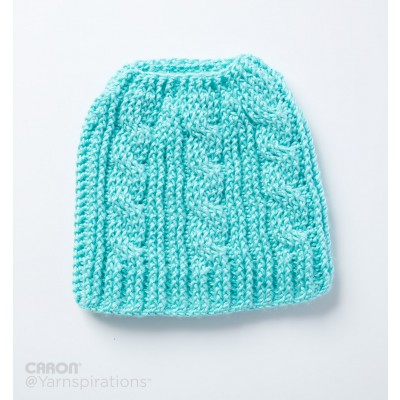 Caron - Twist Stitch Messy Bun Crochet Hat - Free Downloadable Pattern